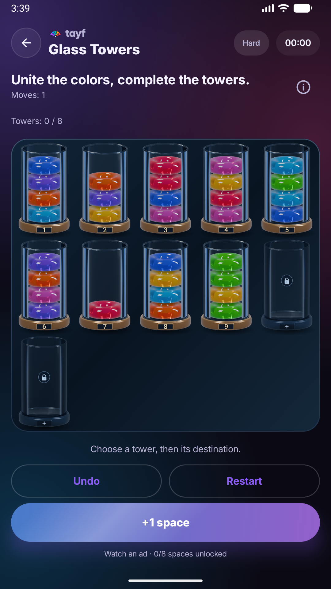 Tayf Glass Towers: a colorful ring-sorting puzzle